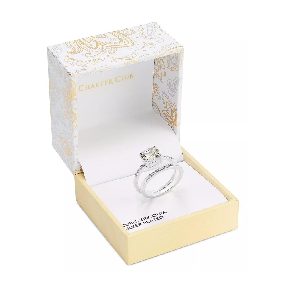 Charter Club Two-Piece Crystal Solitaire Ring Set – Silver-Tone Size 10 NWT - Picture 2 of 3